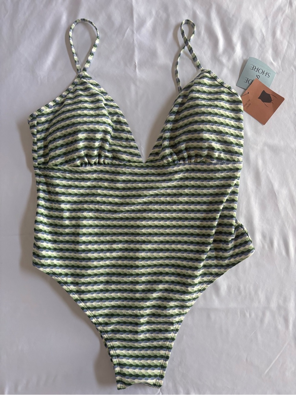 Shade & Shore Olive, White and Black Wave-Stripe One-Piece Swimsuit